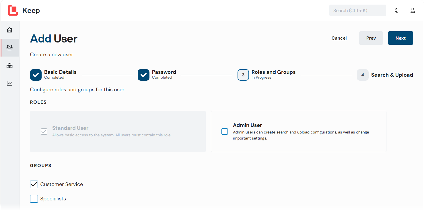 The Roles and Groups page of the Add User process in Keep.